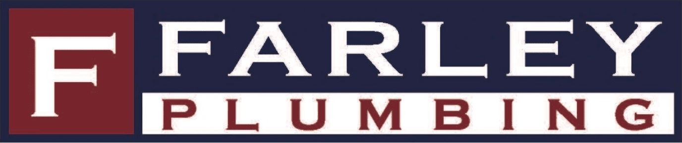Logo for Farley Plumbing with a large "F" on a red square, and the words "Farley Plumbing" in white and red on a dark blue background.